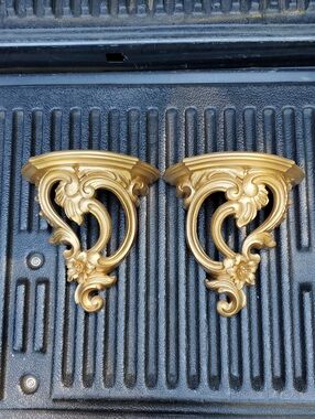 1970's Syroco Gold Scroll Ornate Hollywood Regency Wall Shelf Pair